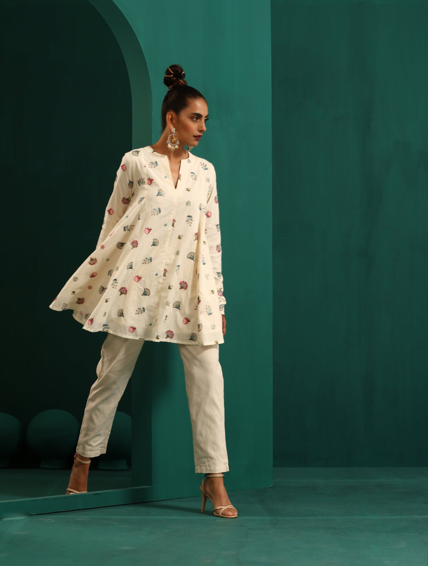 trueBrowns Ivory Multi Color Floral Cotton Flared Co-ord Set - Swadesiicart