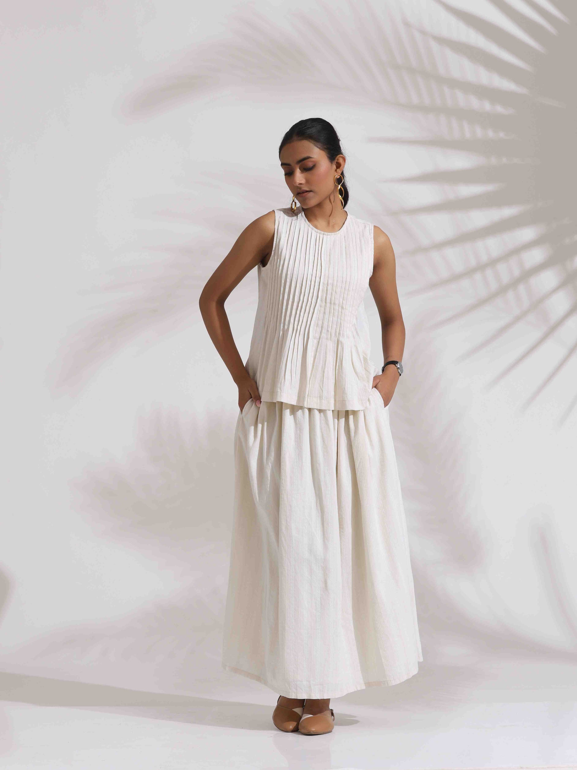 trueBrowns Off-White Cotton Skirt Co-ord Set - Swadesiicart