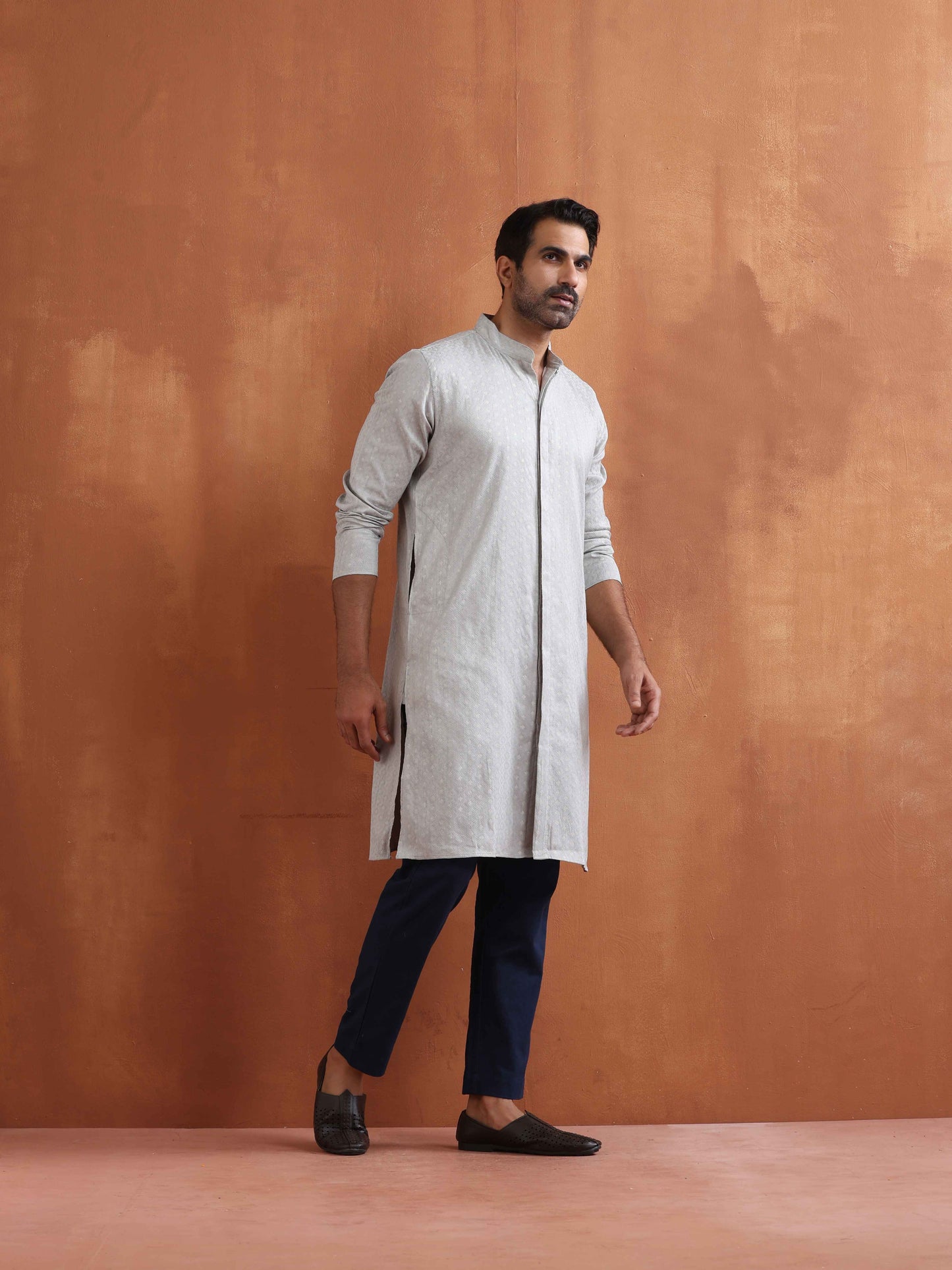 trueBrowns Men's Grey Chanderi Front Open Kurta | Swadesiicart