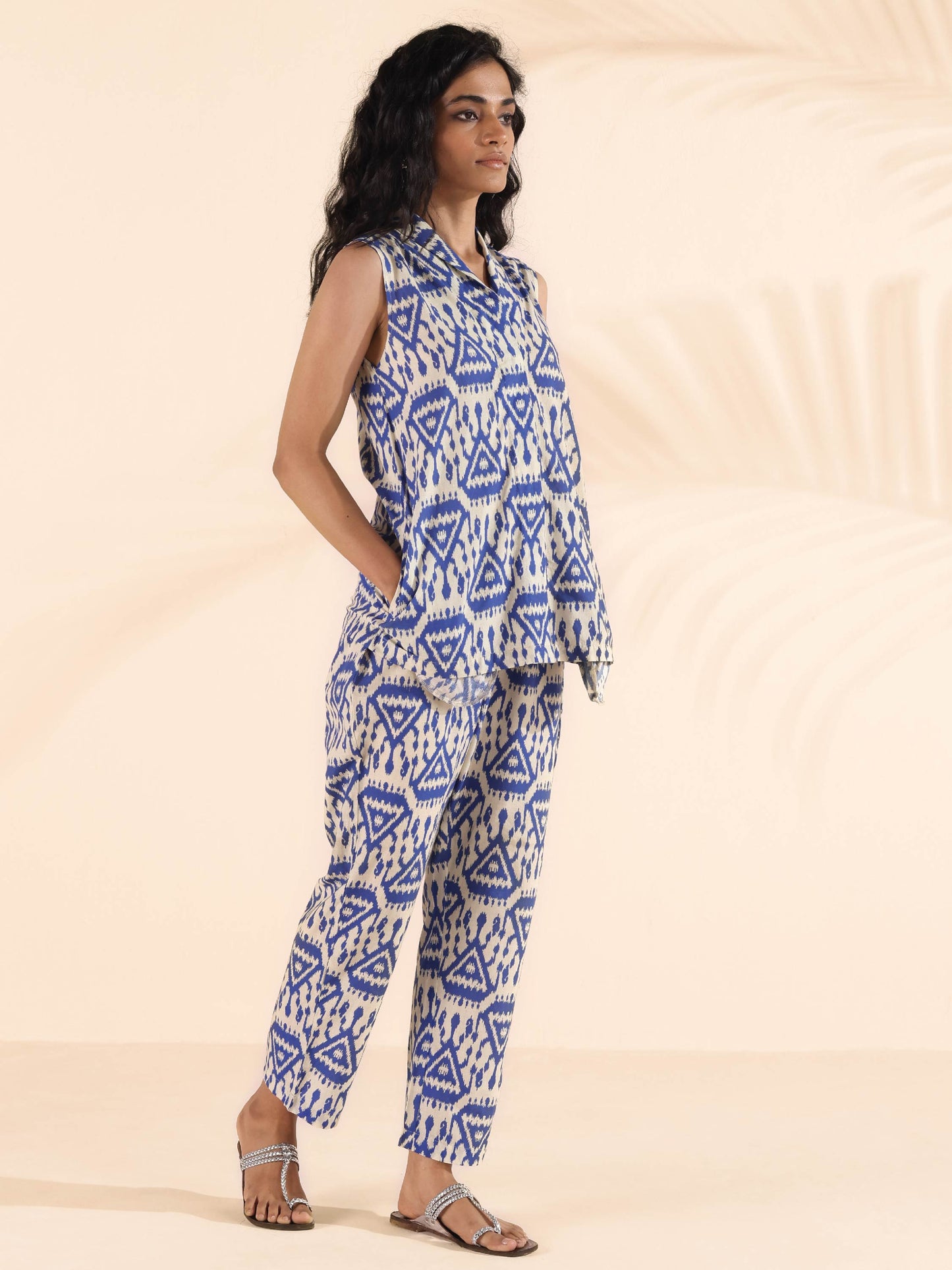 trueBrowns Blue Cotton Ikat Sleeveless Co-ord Set - Swadesiicart