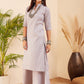 InWeave Women's Light Grey Lurex Kantha Mandarin Neck Kurta Palazzo Set - Swadesiicart