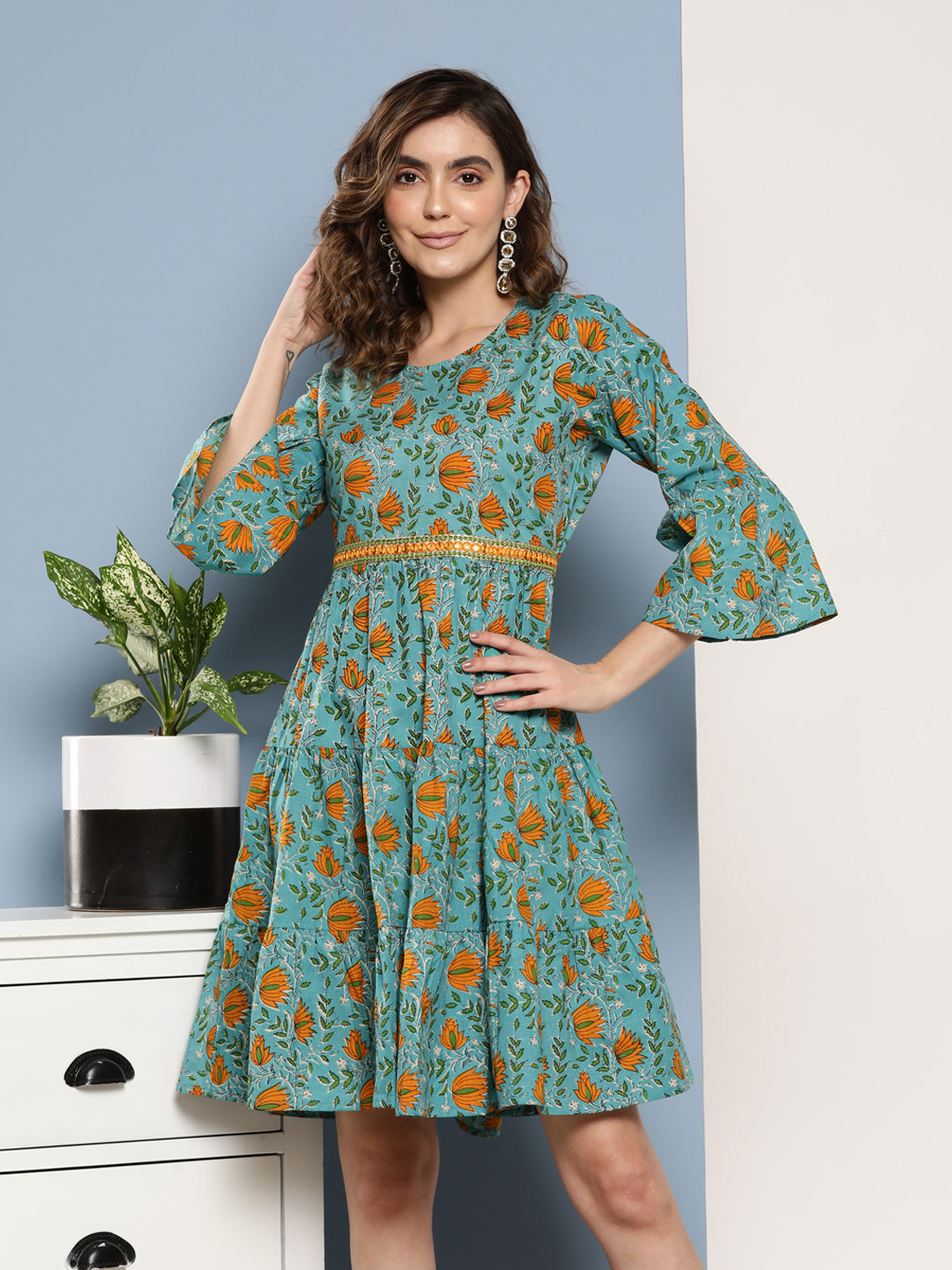 InWeave Women's Blue Mustard Print Short Dress - Swadesiicart