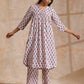 trueBrowns White With Pink Blue Floral Block Print Cotton Flared Slit Kurta Pant Set | Swadesiicart