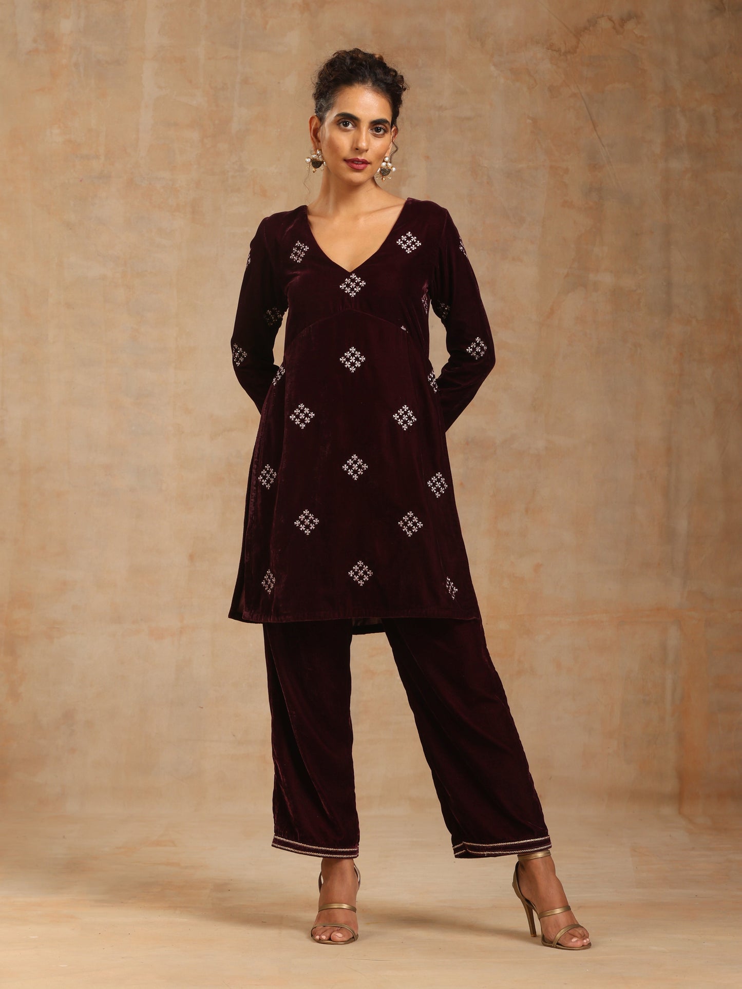 trueBrowns Wine Velvet Embroidered Co-ord Set - Swadesiicart