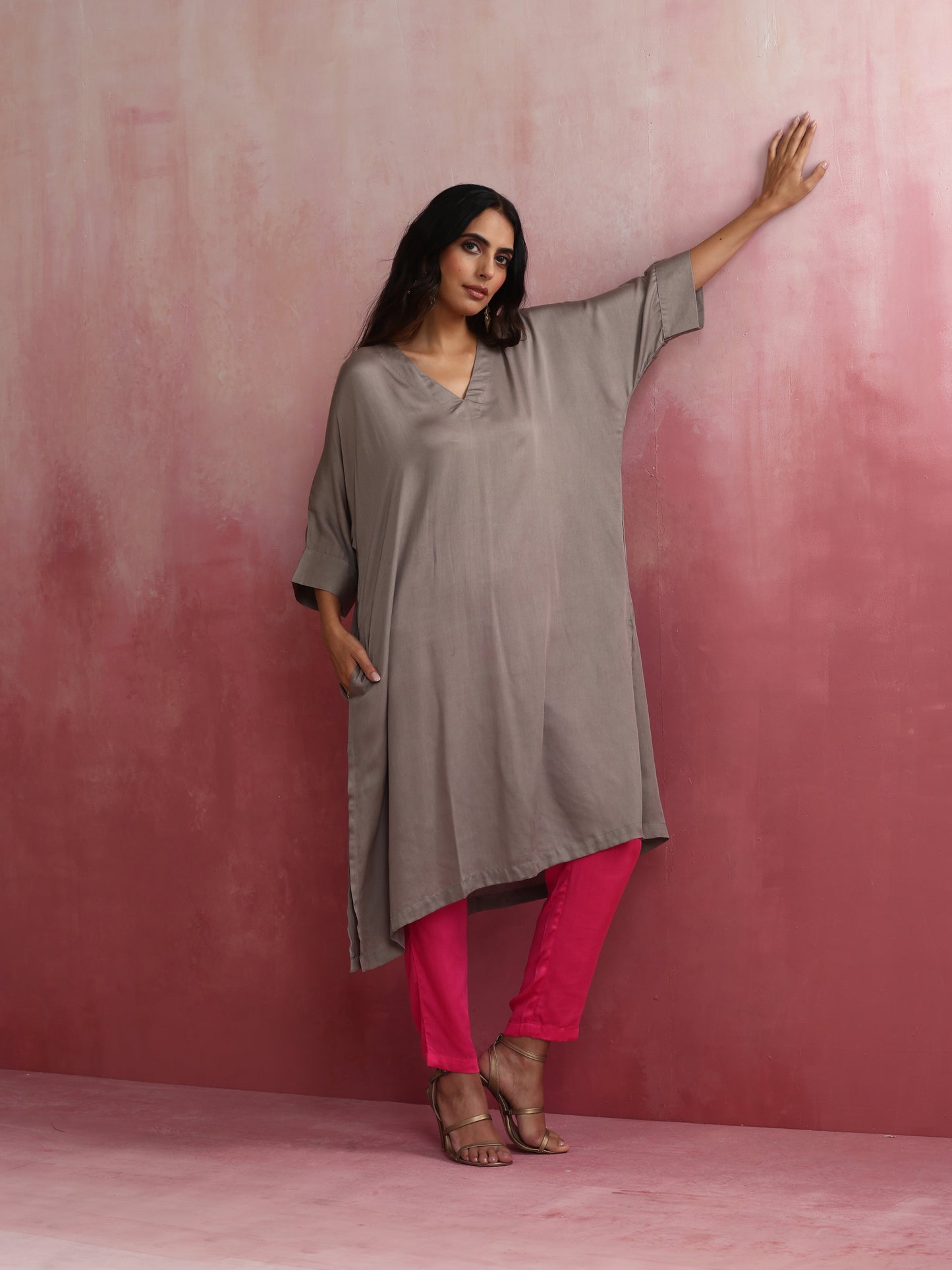 trueBrowns Grey Modal Kimono Kurta Set | Swadesiicart
