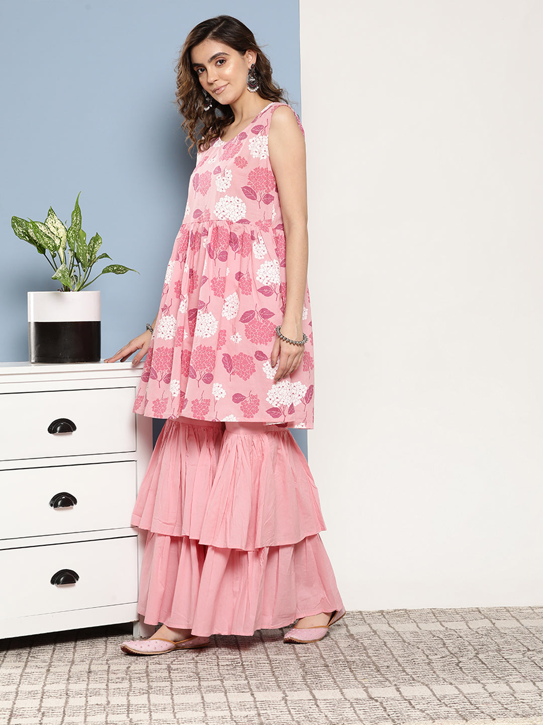 InWeave Women's Pink Printed Chintz Tiered Sharara Set - Swadesiicart