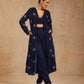 trueBrowns Midnight Blue Velvet Embroidered Jacket Set | Swadesiicart