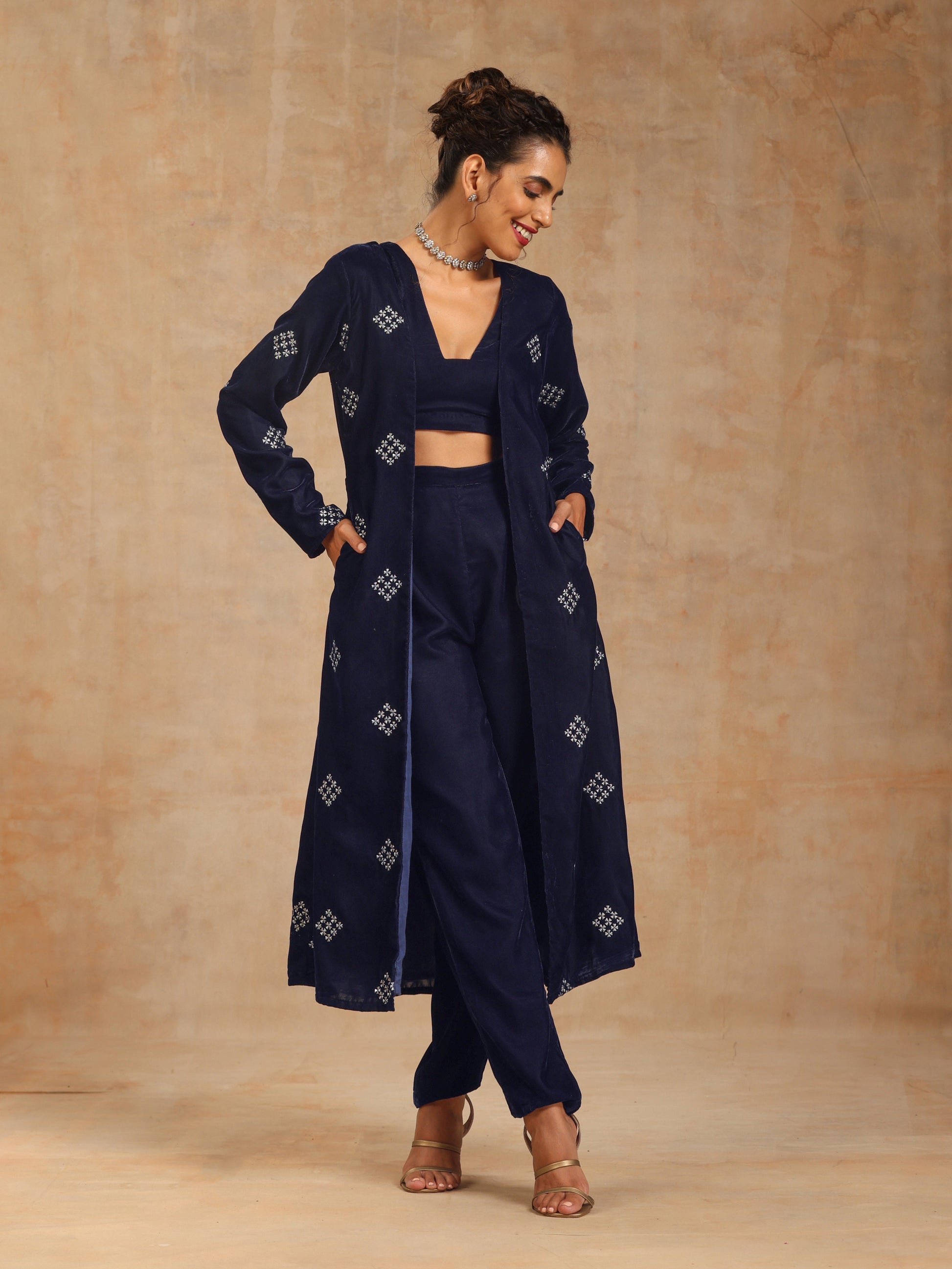 trueBrowns Midnight Blue Velvet Embroidered Jacket Set | Swadesiicart