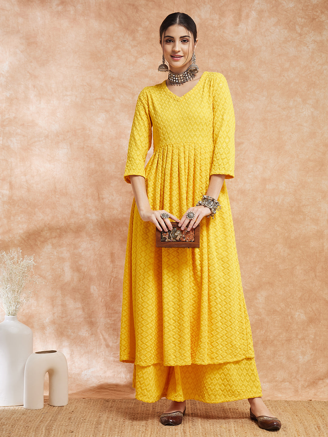 InWeave Women's Butter Yellow Chikankari Long Anarkali Kurta Sharara Set - Swadesiicart