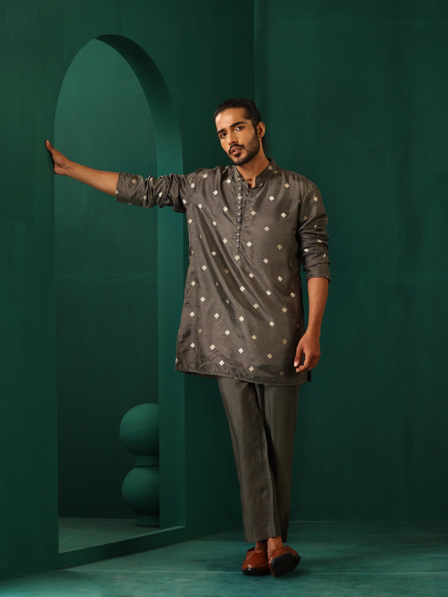 trueBrowns Men's Grey Diamond Viscose Silk Co-ord Set - Swadesiicart