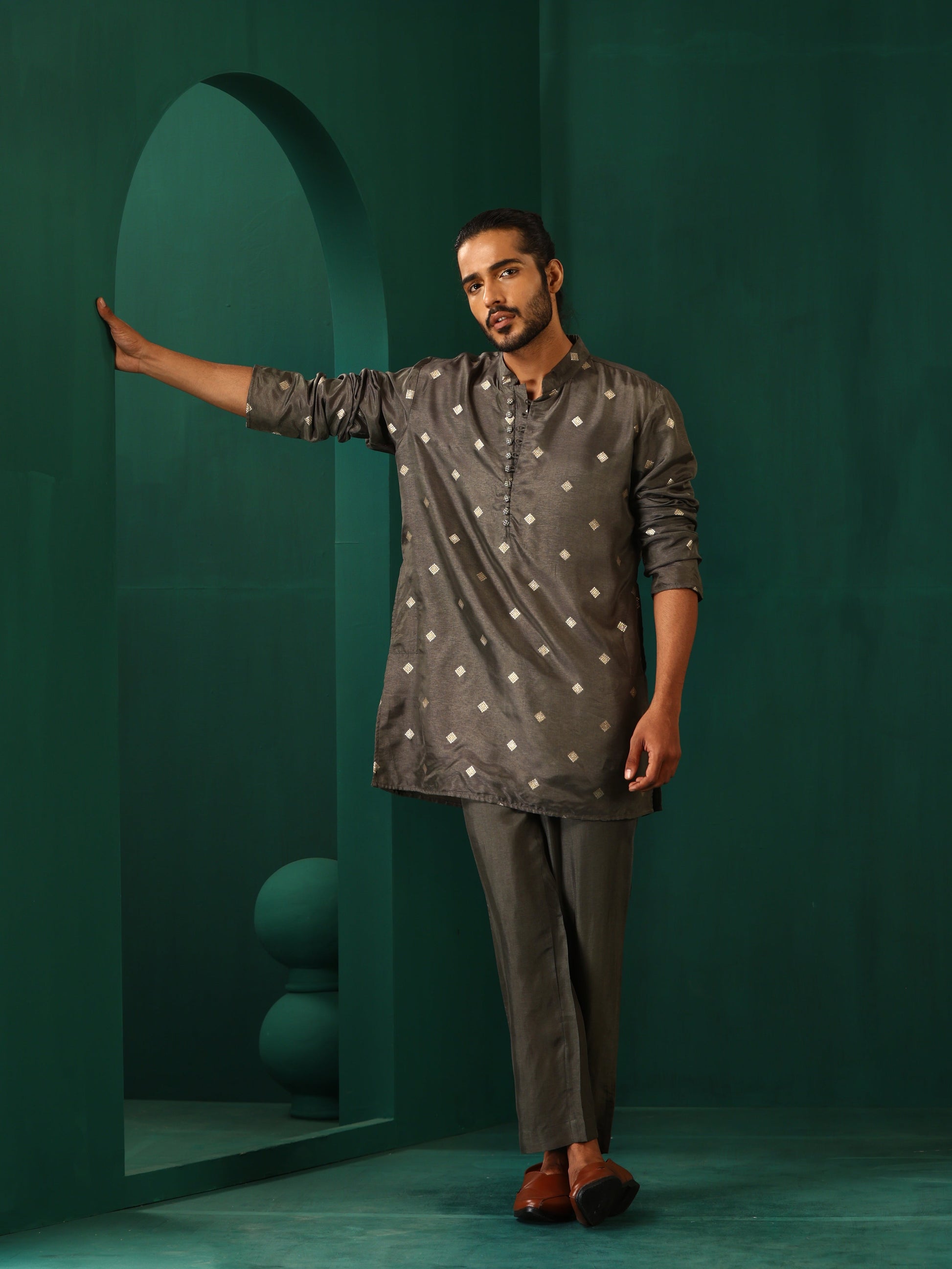 trueBrowns Men's Grey Diamond Viscose Silk Co-ord Set - Swadesiicart