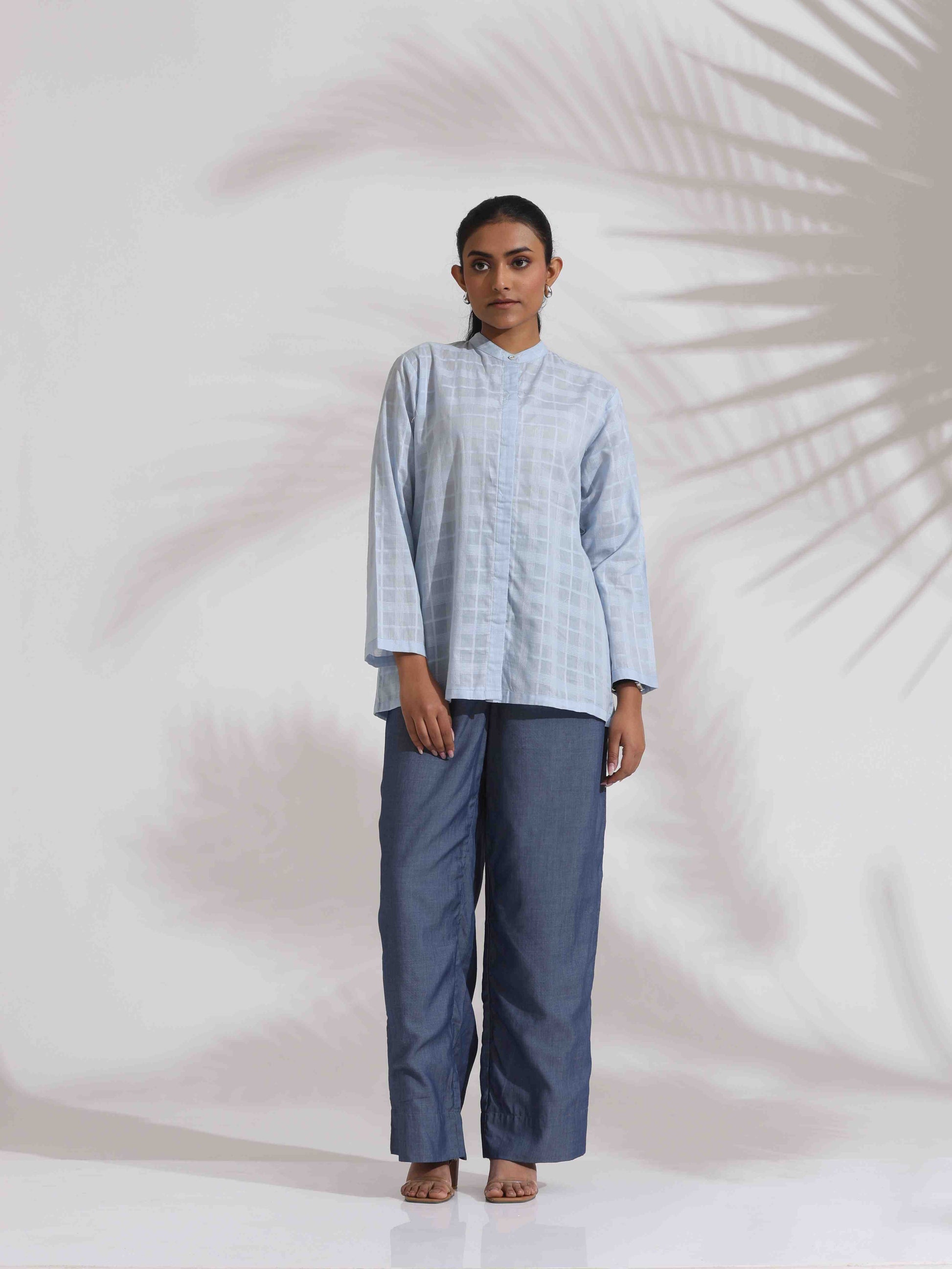 trueBrowns Blue Cotton Check Shirt Top Co-ord Set - Swadesiicart
