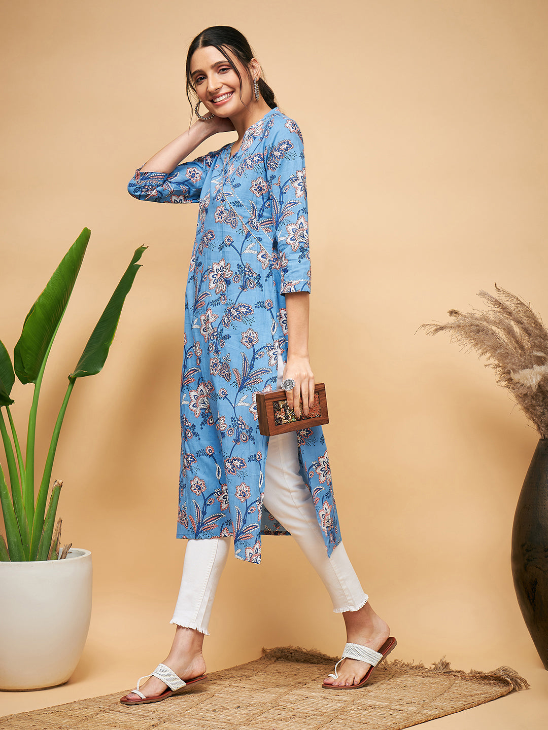 InWeave Women's Skyblue Pink Floral Angrakha Straight Kurta - Swadesiicart
