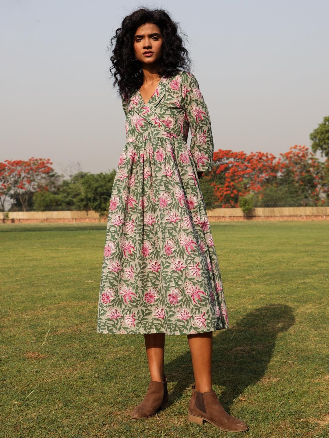 trueBrowns Sage Cotton Block Print Lapel Collared Dress | Swadesiicart