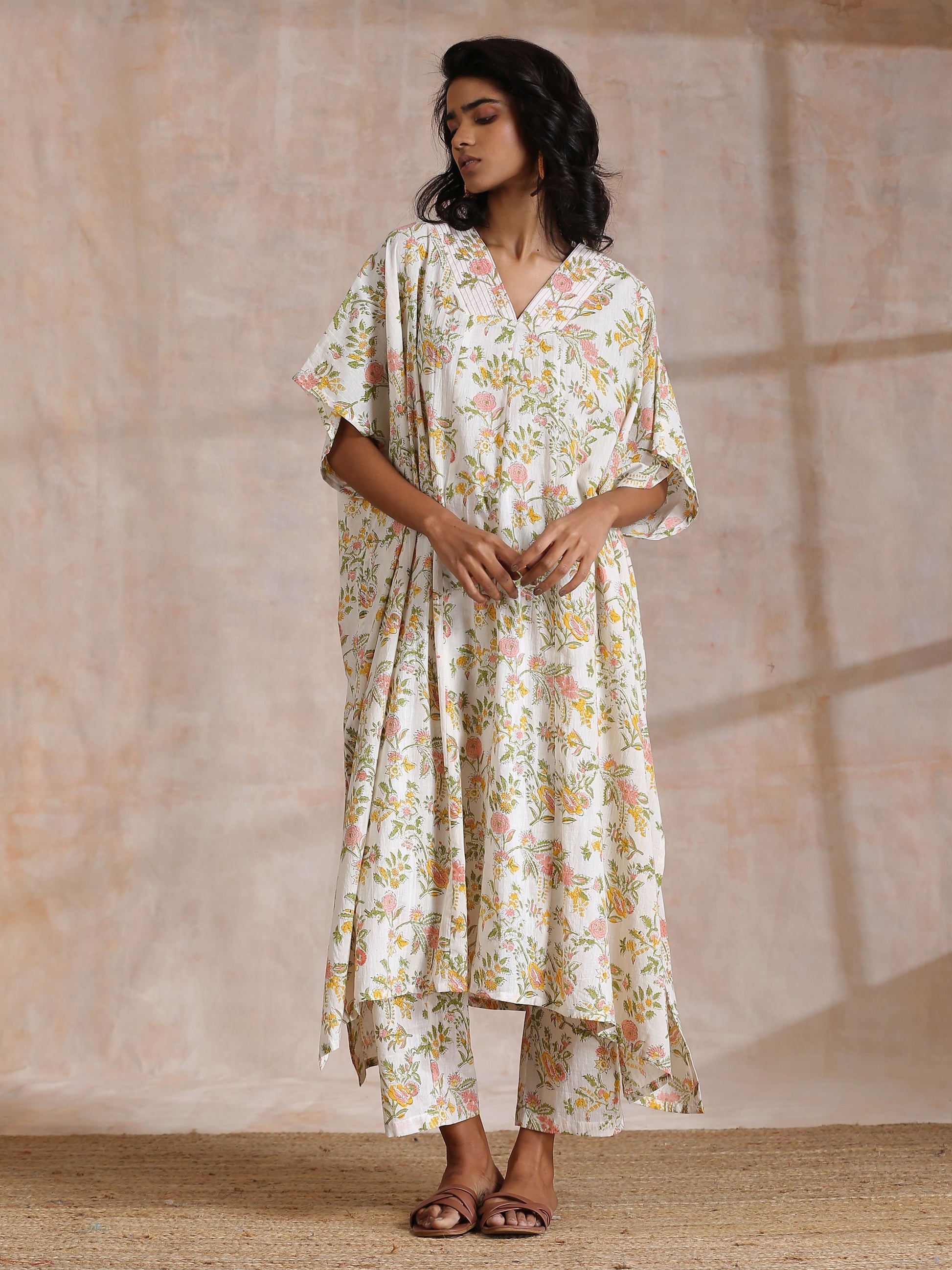 trueBrowns Pink Yellow Floral On White Block Print Cotton Panel Kaftan Kurta Pant Set | Swadesiicart