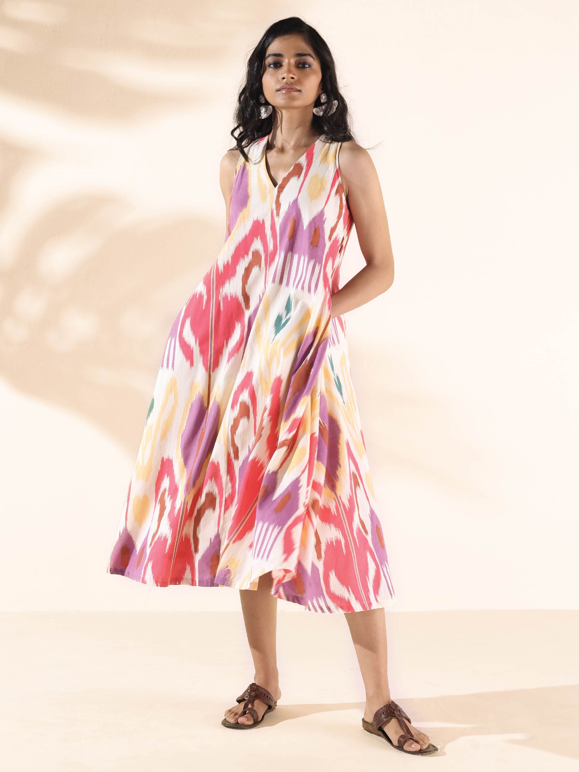 trueBrowns Pink Cotton Ikat Sleeveless Dress | Swadesiicart