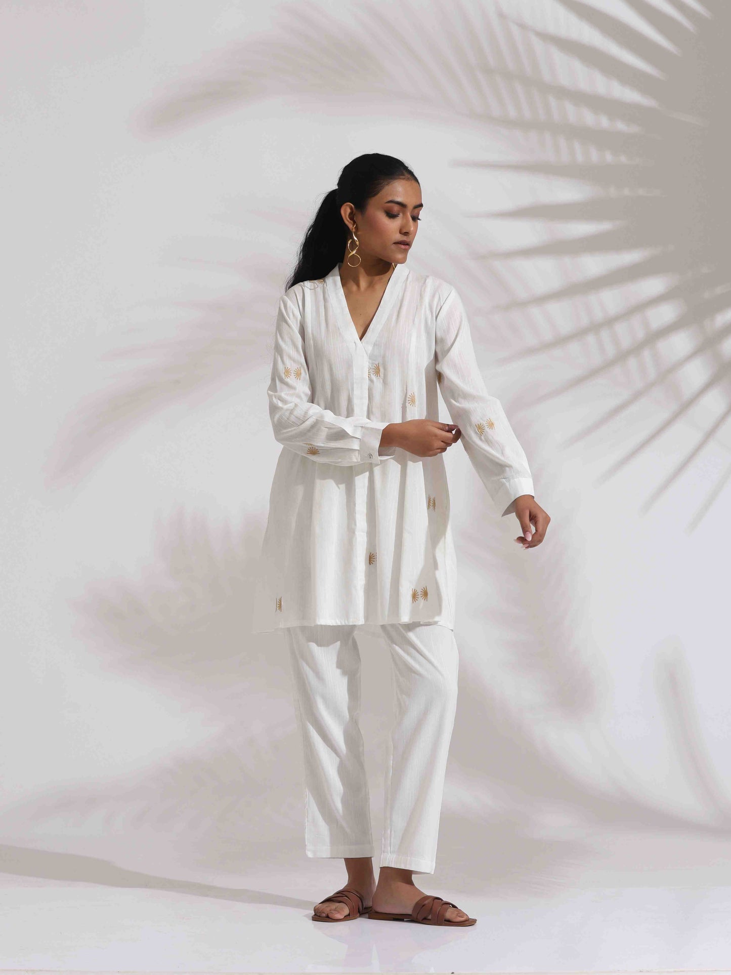 trueBrowns Off-White Cotton Embroidered A-line Co-ord Set - Swadesiicart