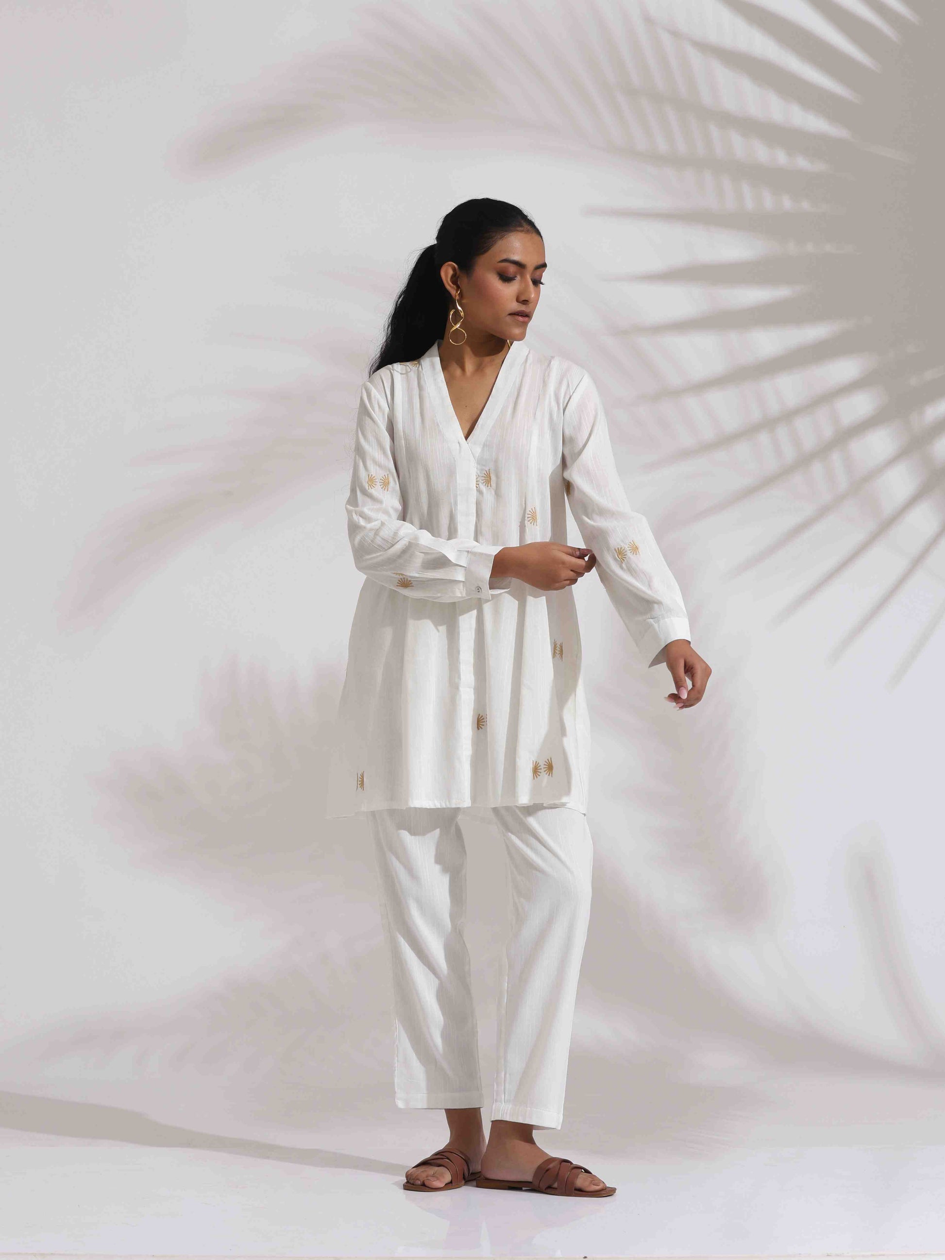 trueBrowns Off-White Cotton Embroidered A-line Co-ord Set - Swadesiicart