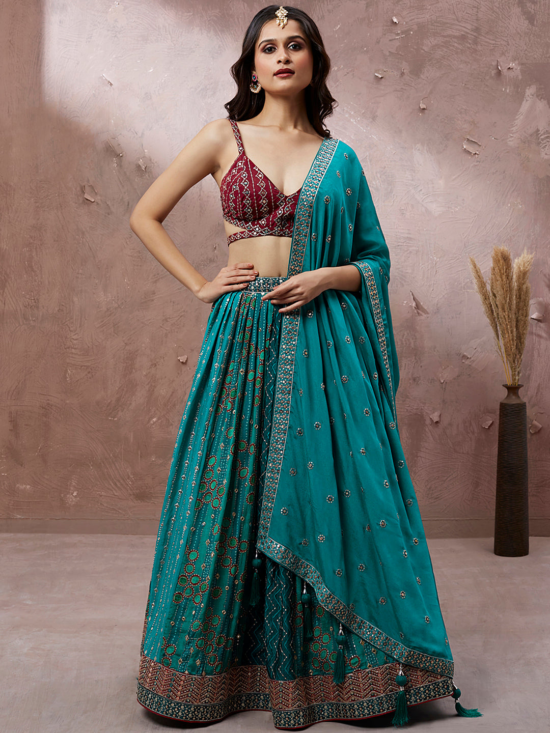 House of Panchhi Printed Embroidery Teal Georgette Sequin Lehenga Choli | Swadesiicart