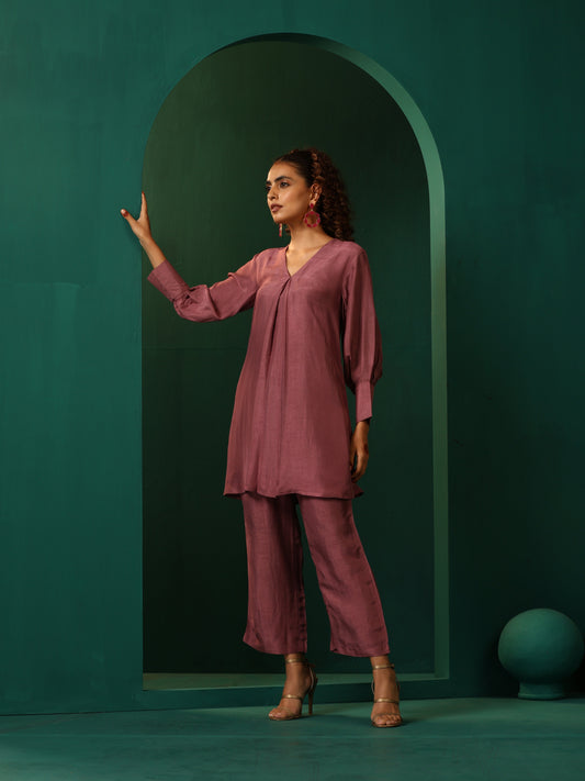 trueBrowns Light Mauve Silk Front Pleat Co-ord Set - Swadesiicart