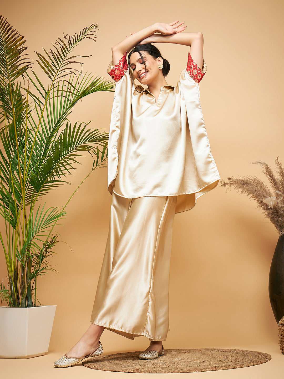 InWeave Women's Beige Red Brocade Boho Satin Top W Palazzo Set - Swadesiicart