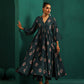trueBrowns Deep Blue Floral Bunch Muslin Silk Printed V-Neck Waist Gathered Kurta Pant Set | Swadesiicart