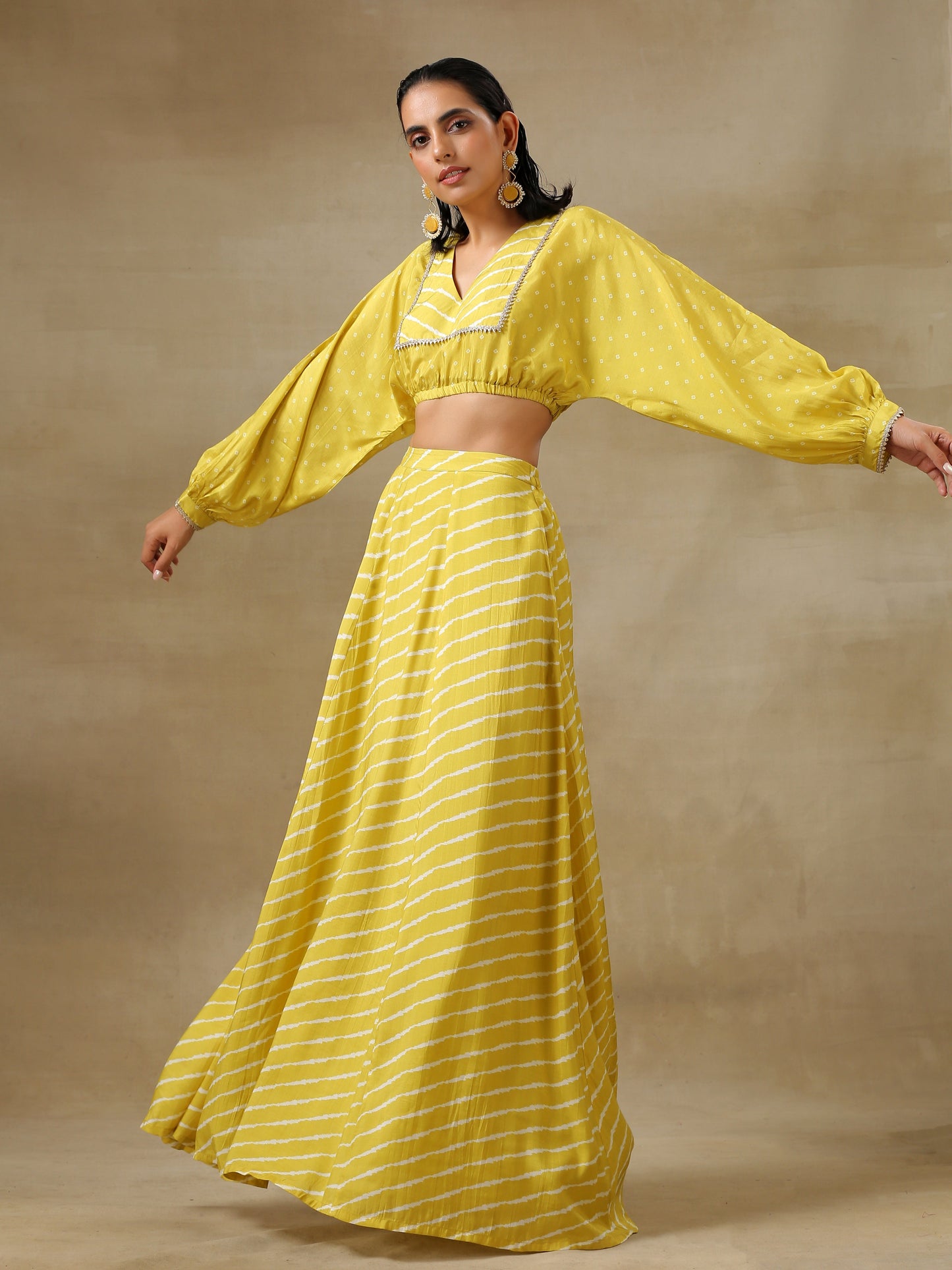 trueBrowns Lime Green Bandhani Printed Silk Top Skirt Set - Swadesiicart