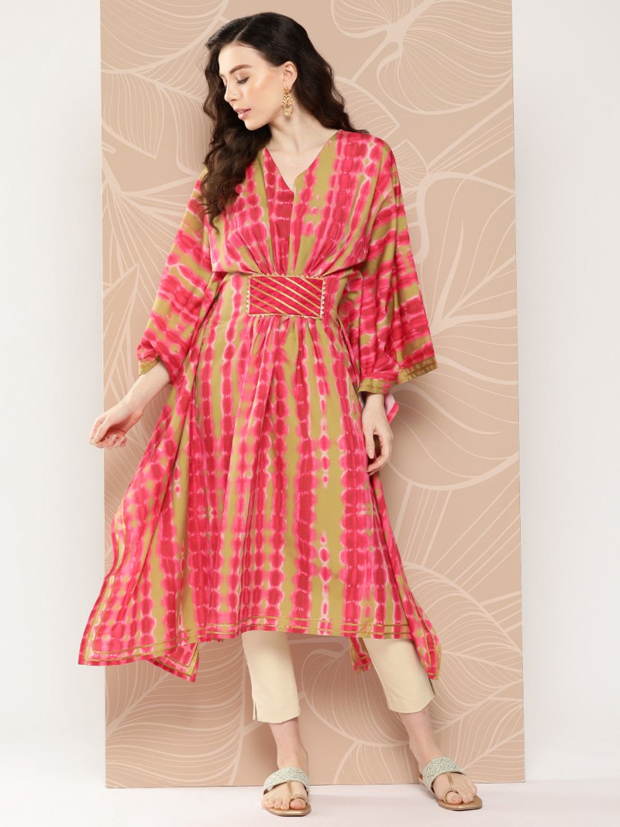 Ahalyaa Women Printed Flared Sleeves Gotta Patti Belted Detail Crepe Kaftan Kurta | Swadesiicart