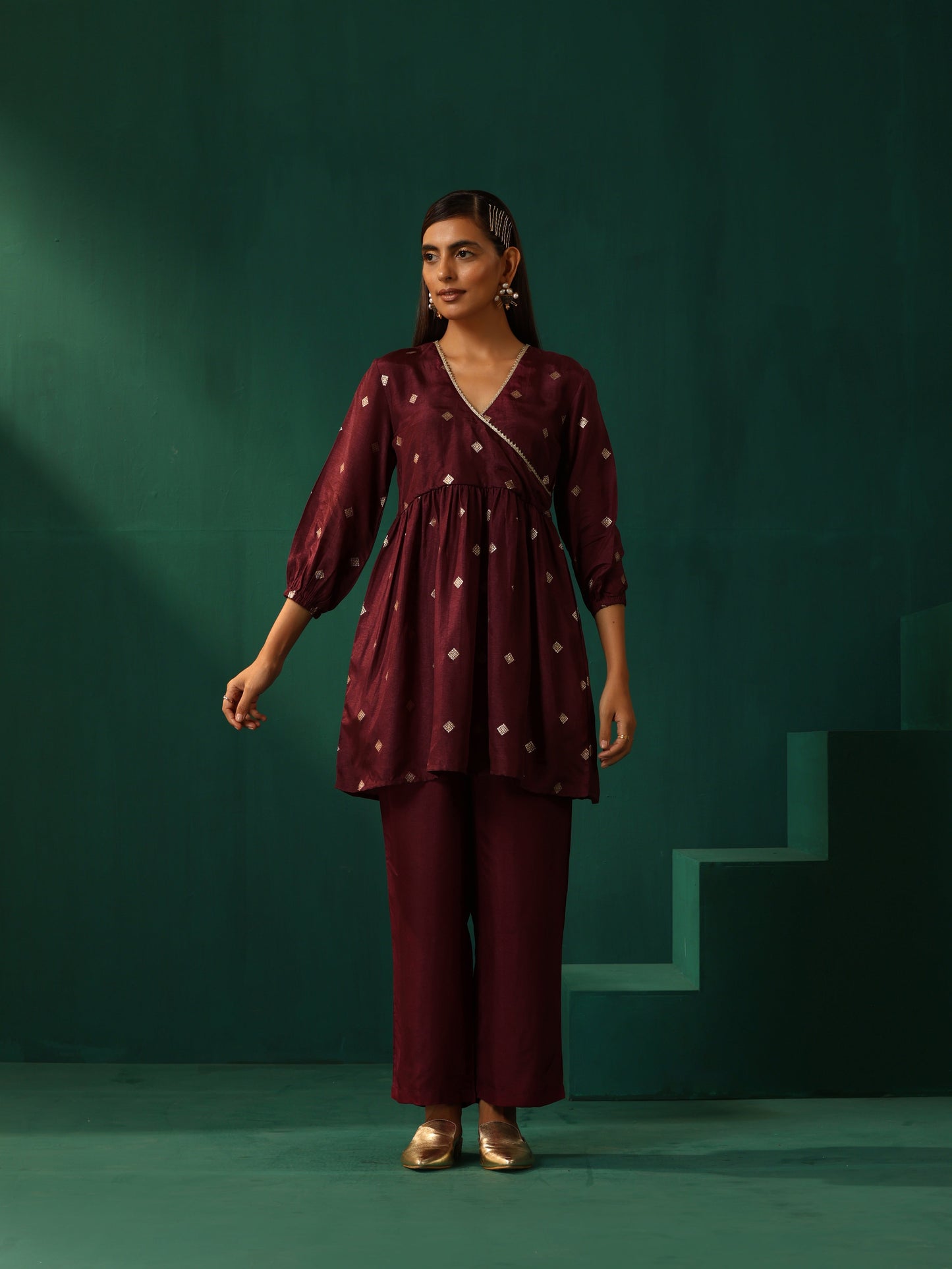 trueBrowns Wine Diamond Viscose Silk Waist Gathered Co-ord Set - Swadesiicart