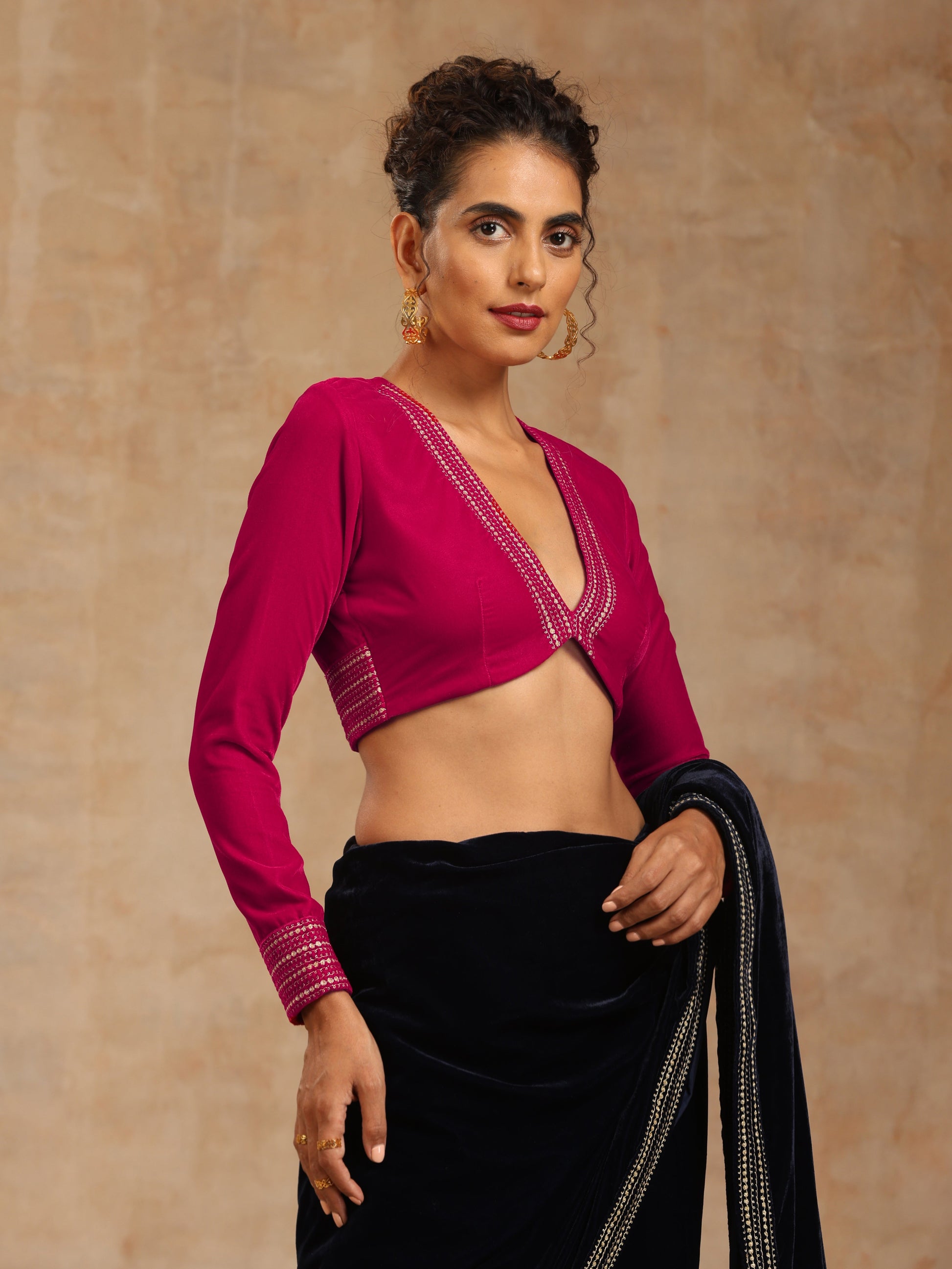 trueBrowns Rani Pink Velvet Embroidered Blouse | Swadesiicart
