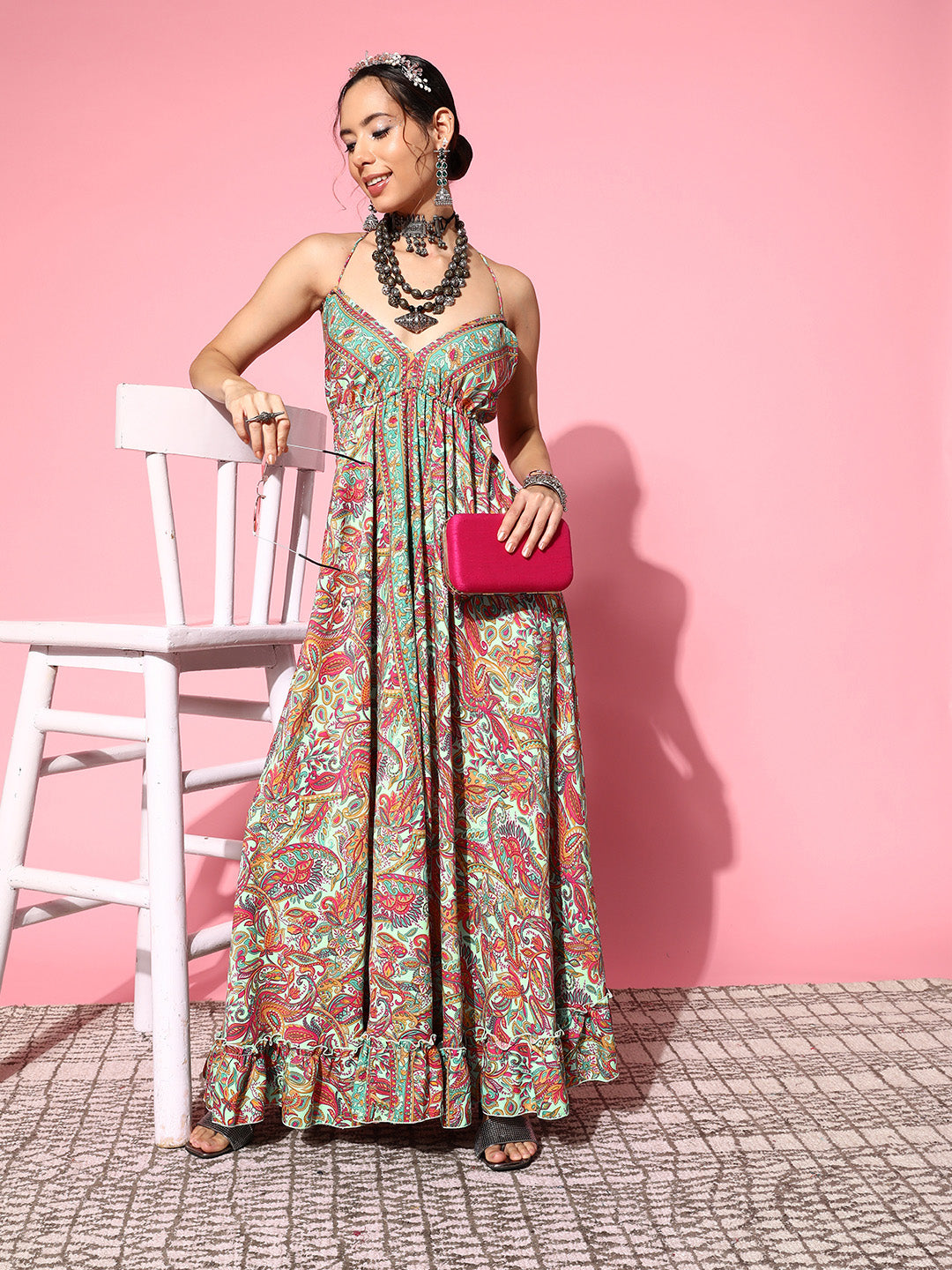 InWeave Women's Green Paisley Print Back Detail Long Dress - Swadesiicart