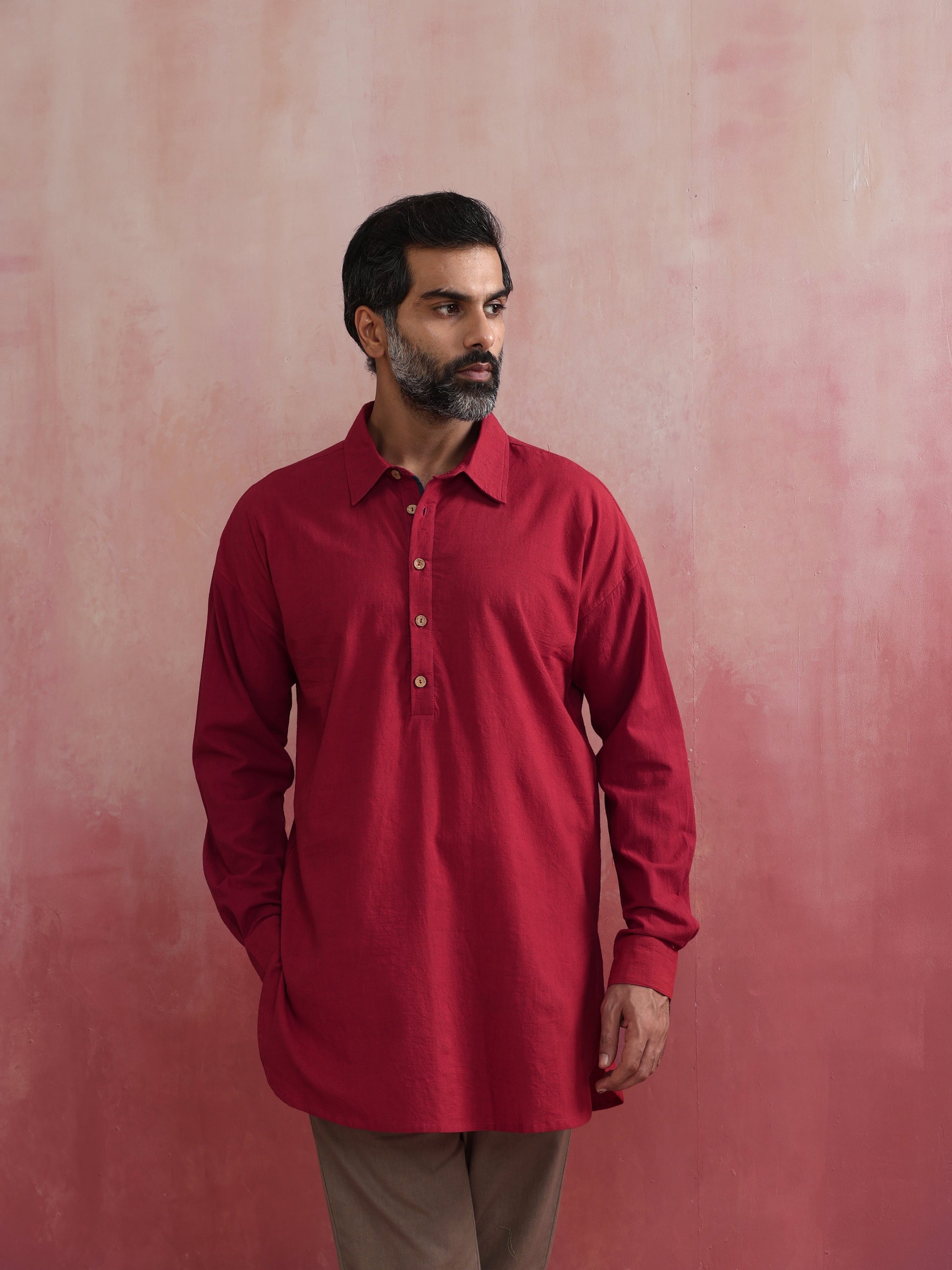 trueBrowns Men's Maroon Cotton Shirt Collar Stylized Kurta | Swadesiicart