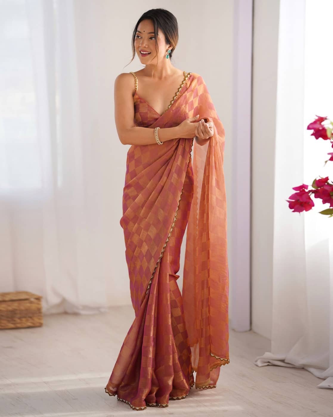 Lorenvalley Fashion Peach NC Chiffon Square with fancy Lace Saree with Blouse - Swadesiicart
