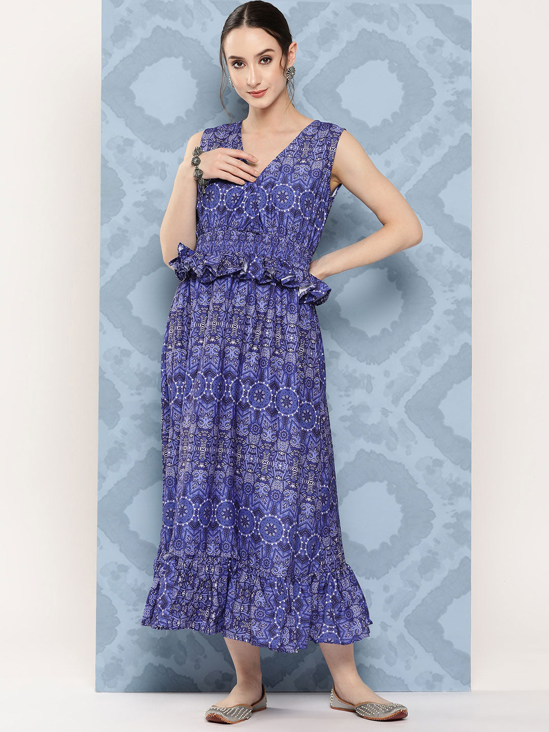 InWeave Women's Blue Floral Paisley Print Long Frill Dress - Swadesiicart