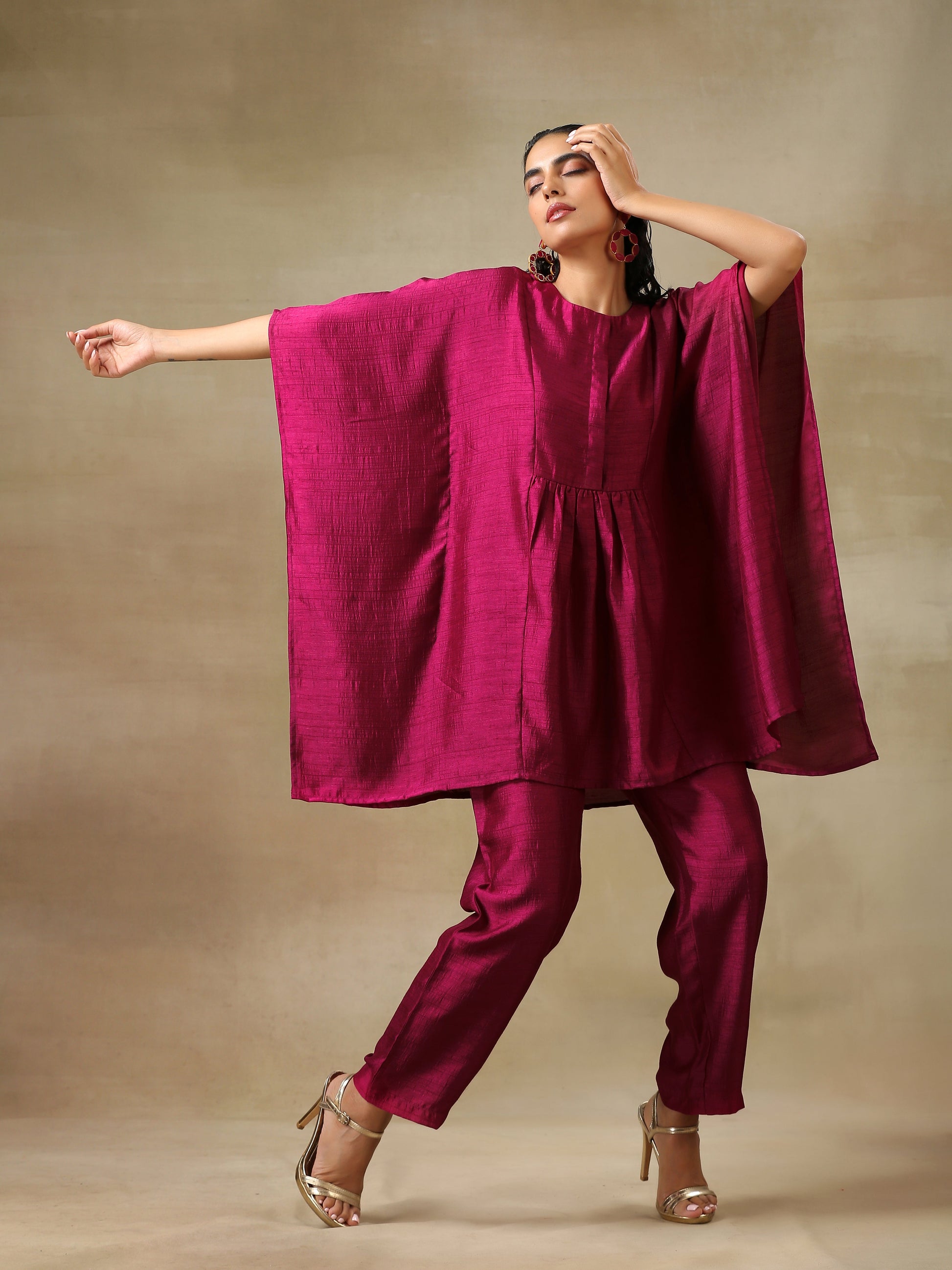 trueBrowns Purple Textured Silk Gathered Kaftan Co-Ord Set - Swadesiicart