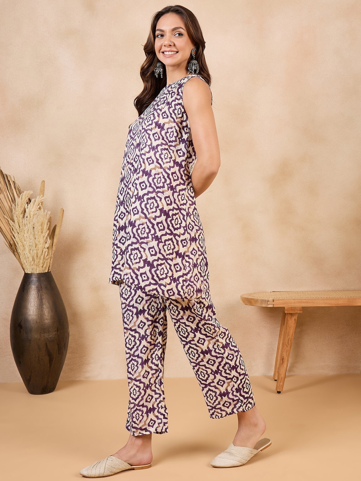 InWeave Purple White Moroccan Print Round Neck Kurta Set - Swadesiicart
