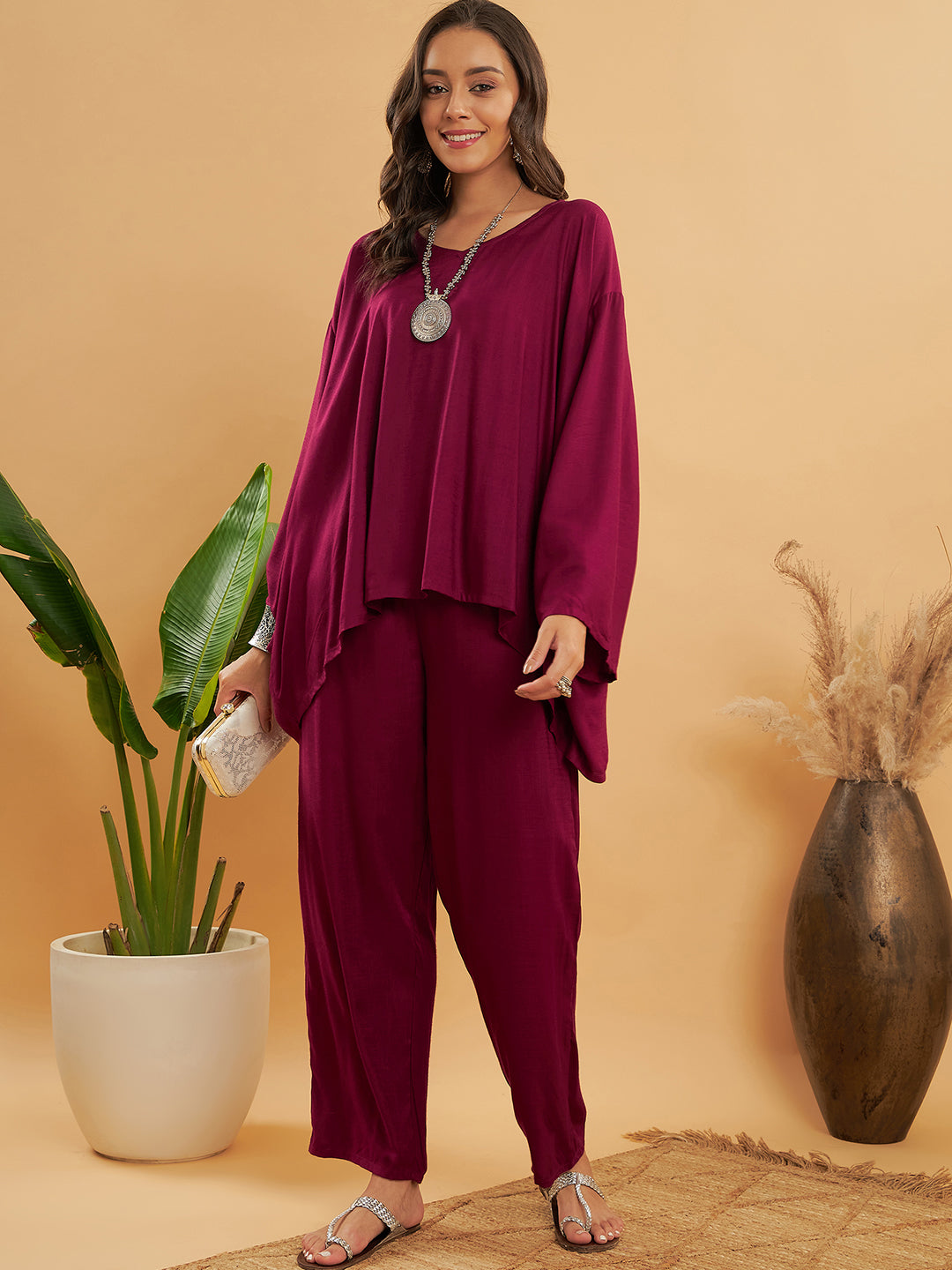 InWeave Women's Jam Wine Solid Boho Full Sleeve Coord Set - Swadesiicart