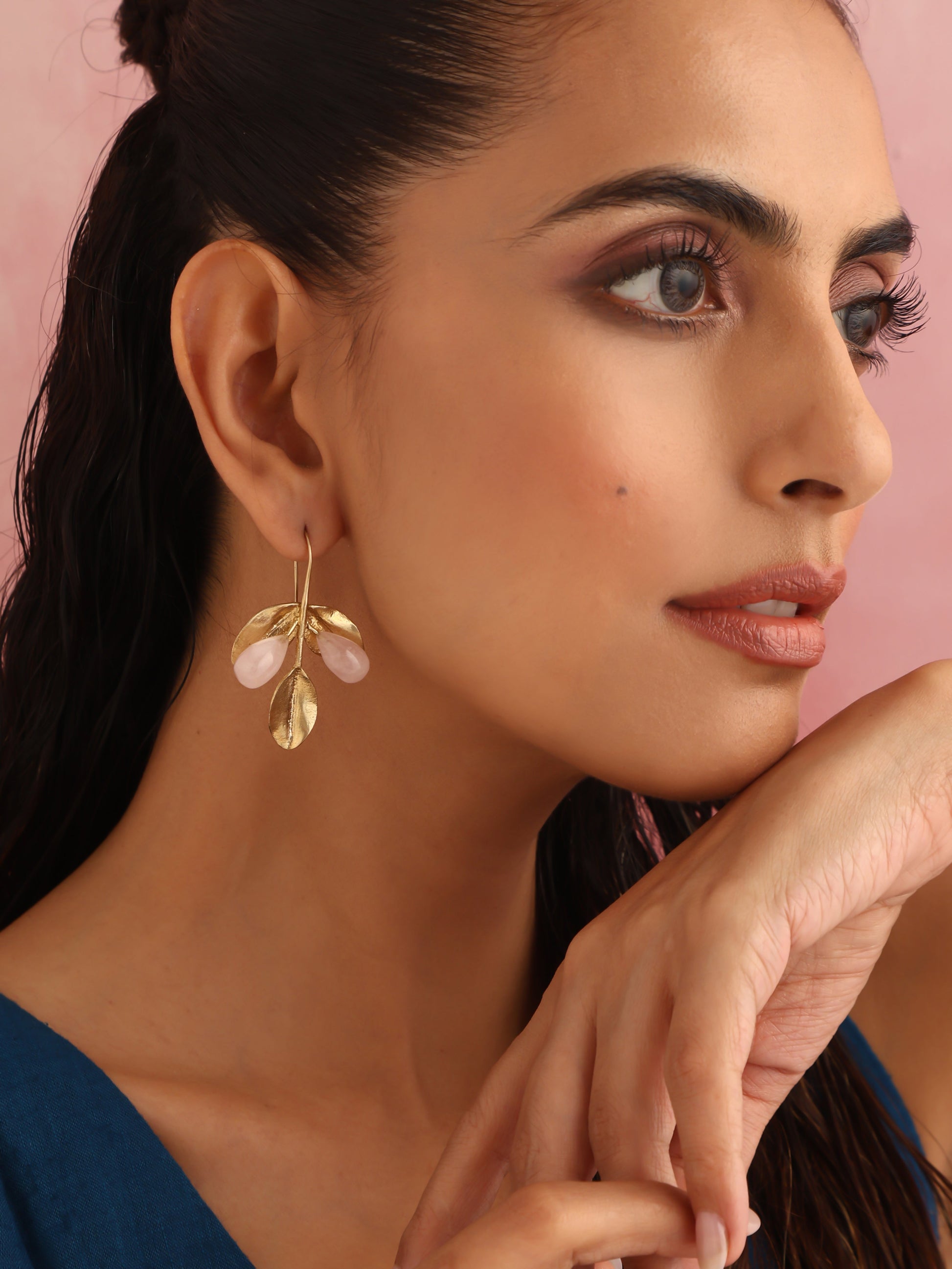 trueBrowns Brass Crystal Leaf Earrings - Swadesiicart