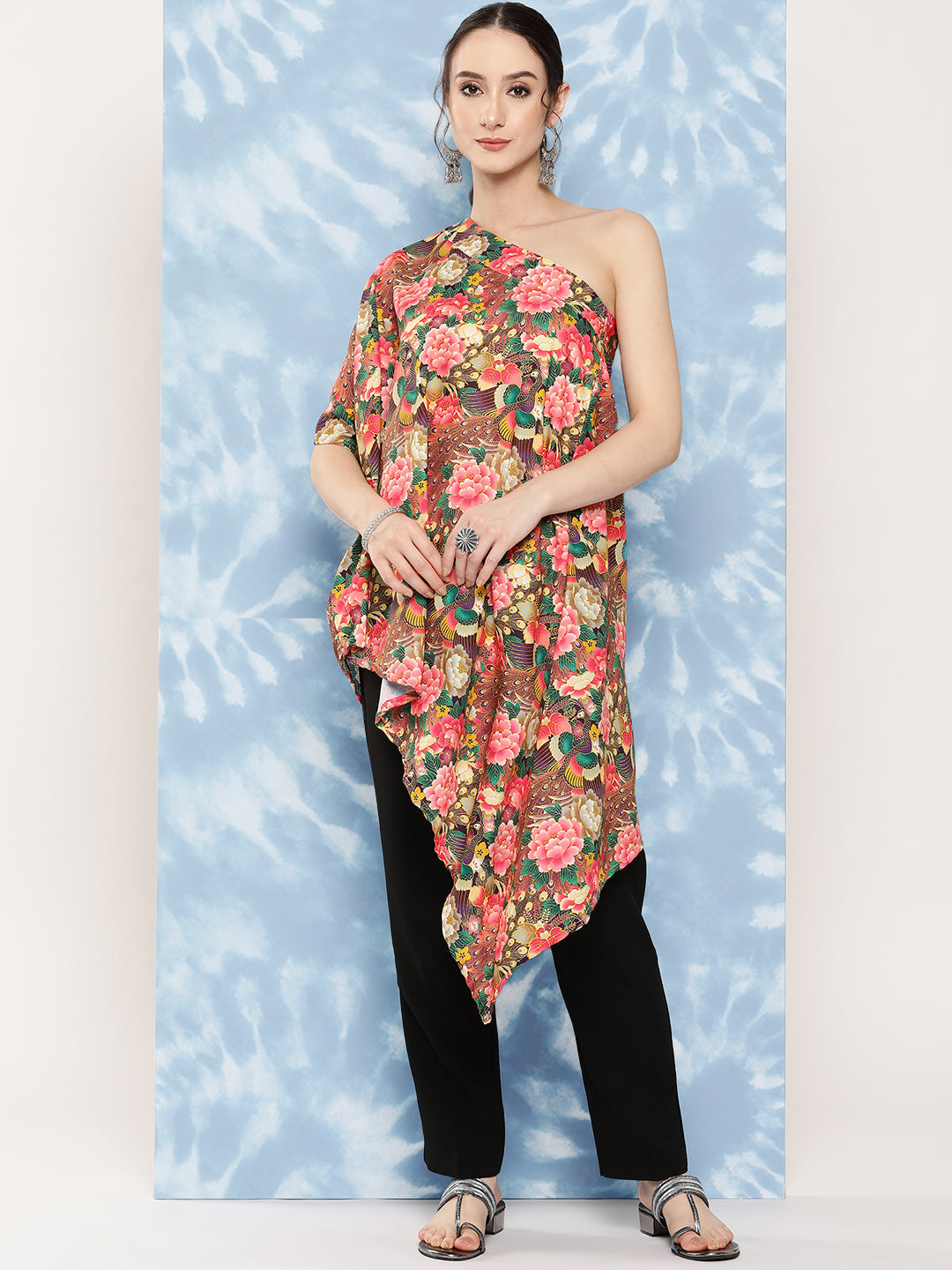 InWeave Women's Mutli Peacock Japanese Art Oneshoulder Top - Swadesiicart