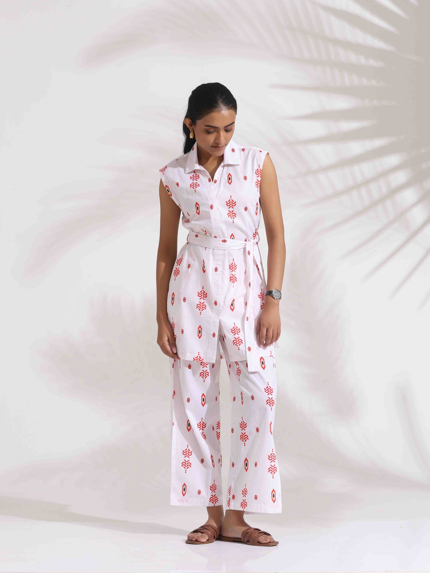 trueBrowns White Cotton Print Tie-up Top & Pants Co-ord Set - Swadesiicart