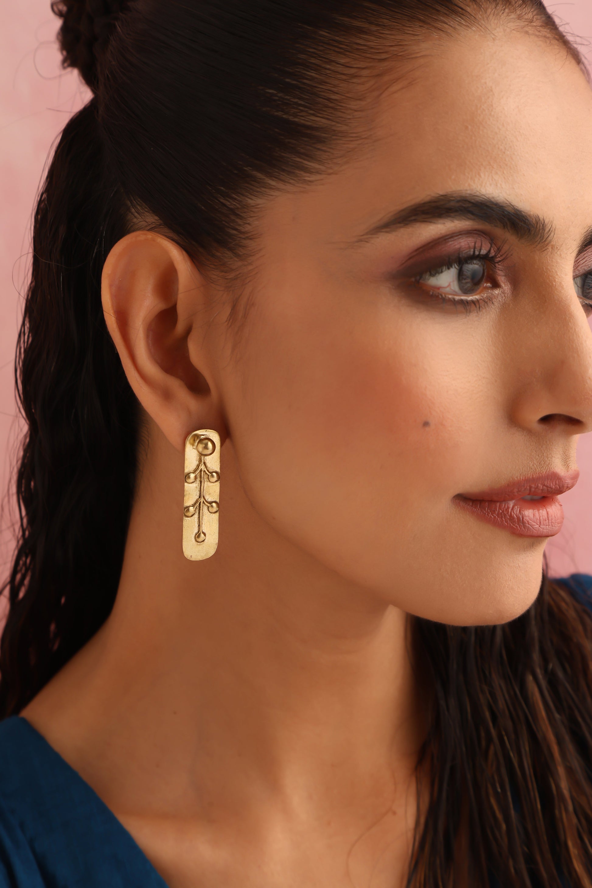trueBrowns Brass Embossed Rectangular Earrings - Swadesiicart