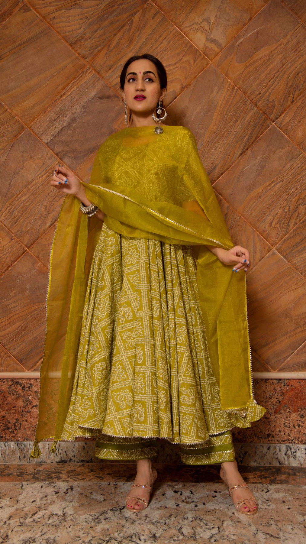 Pomcha Jaipur Bandhej Mehndhi Green Cotton Anarkali Set | Swadesiicart