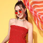 InWeave Women's Red Mirror Work Off Shoulder Kurta Set With Lehriya Dupatta - Swadesiicart