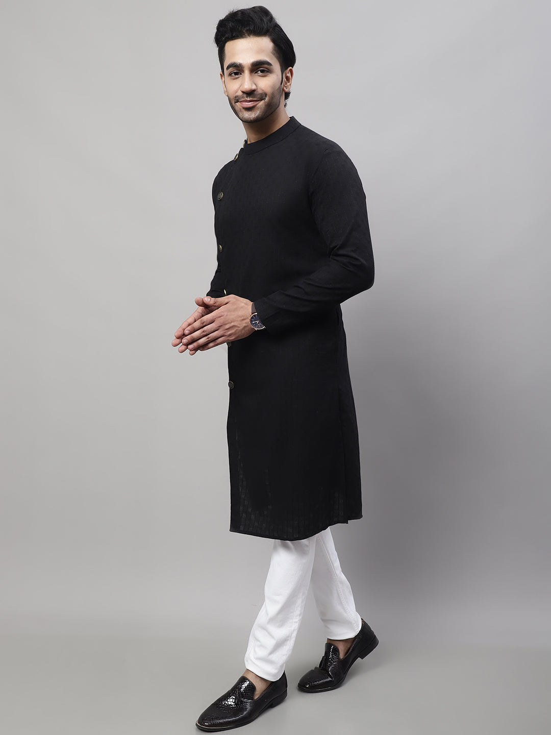 Even Apparels Black Sherwani Kurta With Asymetrical Cut | Swadesiicart