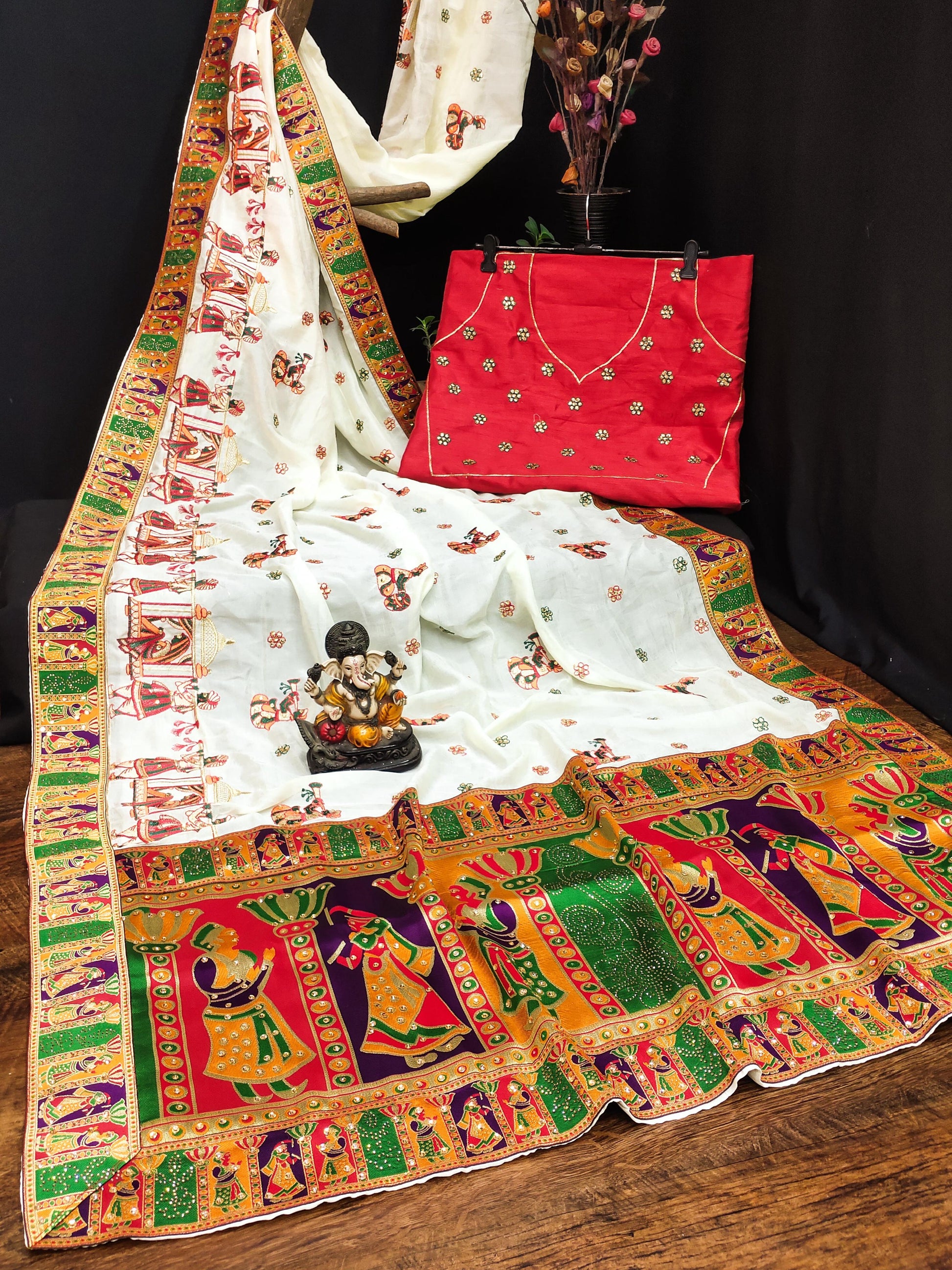 Lorenvalley Fashion Premium White Vichitra Silk Embroidery and Diamond work Both Side Saree - Swadesiicart