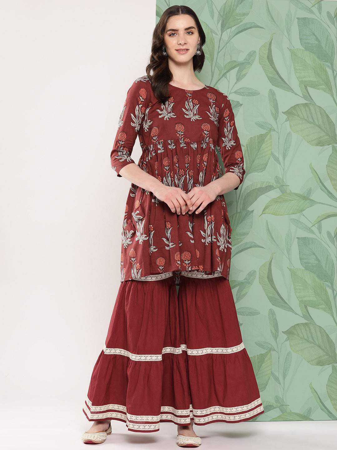 InWeave Women's Brick Rust Boota Sharara Set - Swadesiicart