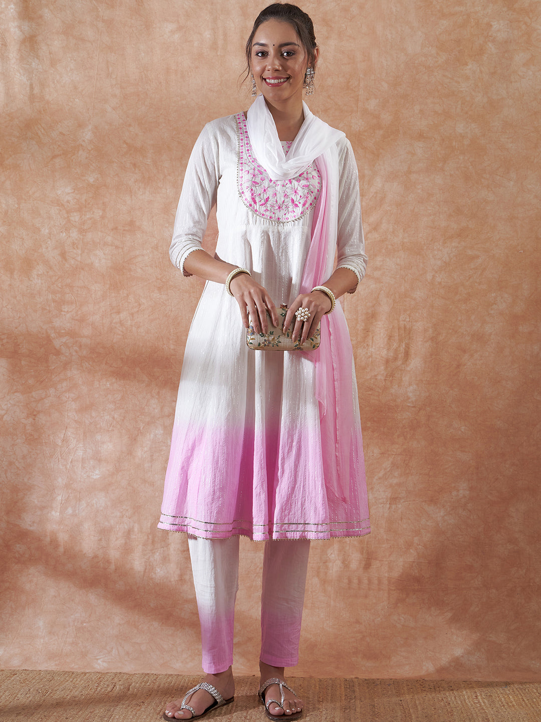 InWeave Women's White Lurex Pink Dye Patch Gota Anarkali Kurta Set W Dupatta - Swadesiicart