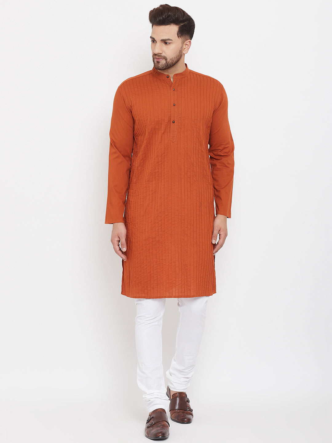 Even Apparels Rust Pure Cotton Kurta With Band Collar | Swadesiicart