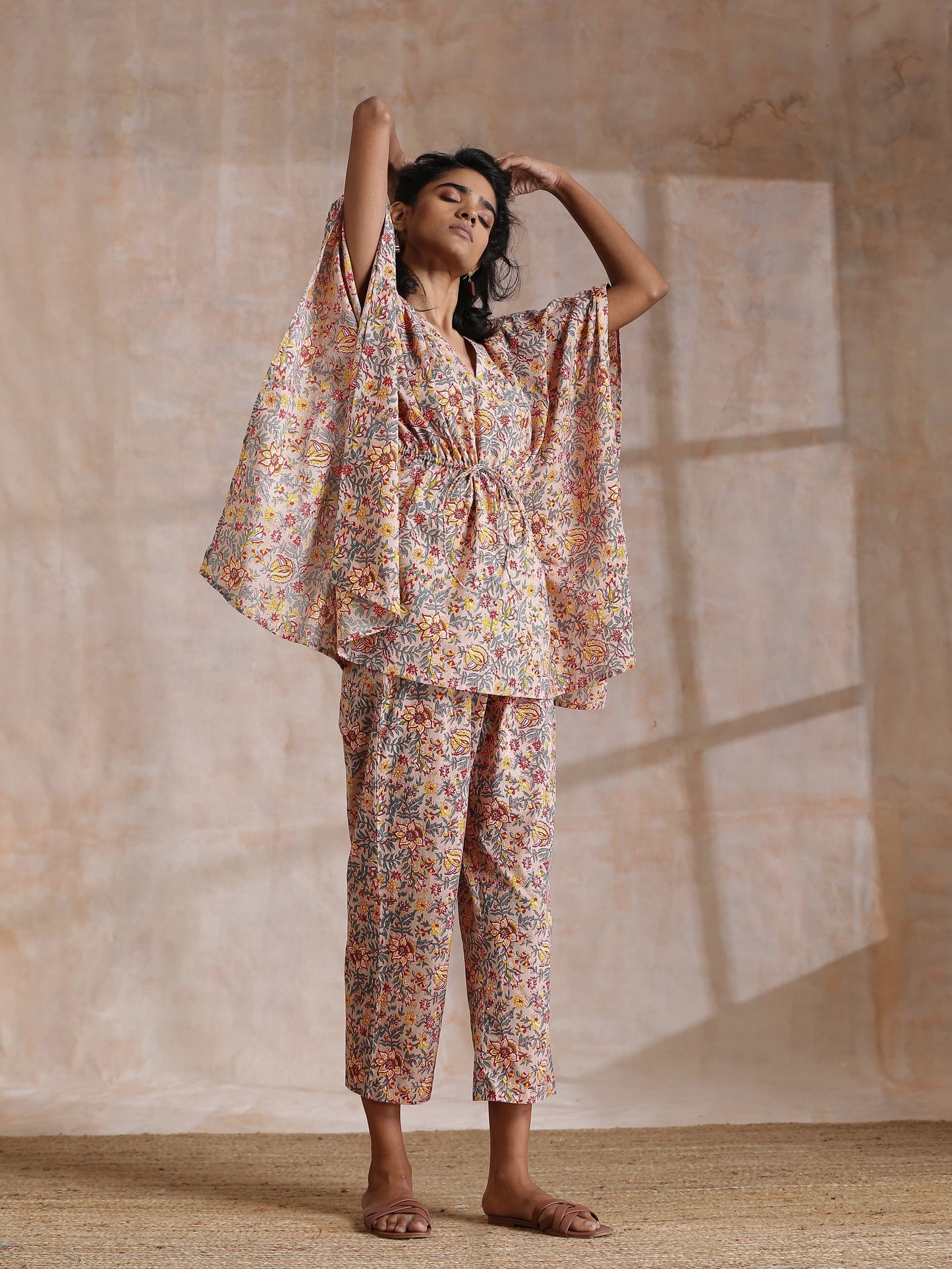 trueBrowns Multicolor Beige Overall Floral Block Print Cotton Kaftan Co-Ord Set - Swadesiicart
