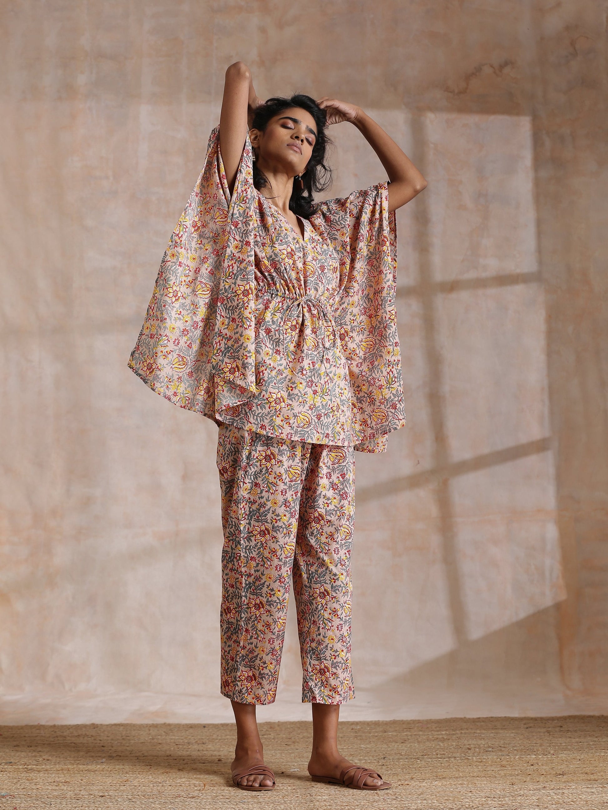 trueBrowns Multicolor Beige Overall Floral Block Print Cotton Kaftan Co-Ord Set - Swadesiicart